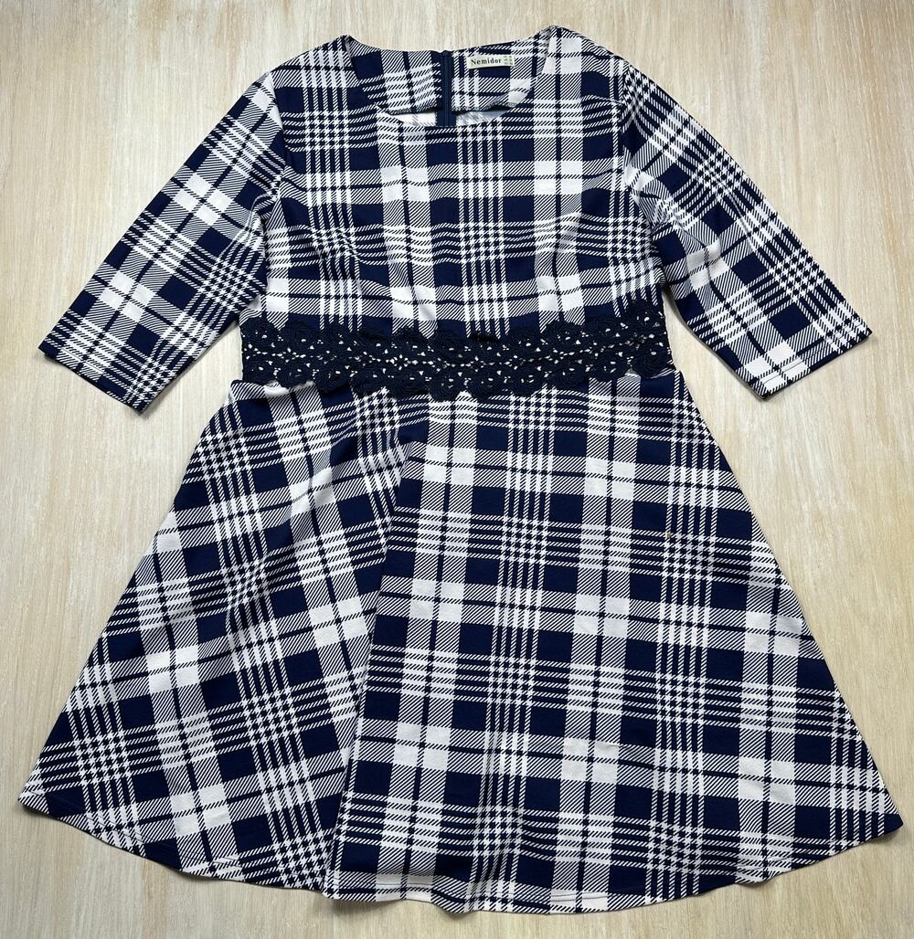 Nemidor Navy White Plaid Lace Waist Preppy Modest Fit Flare A Line Dress 22
